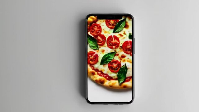 Mouthwatering pizza with tomato and basil toppings is showcased on a smartphone screen, suggesting online food ordering and delivery service