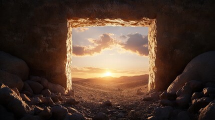 Timeworn stone doorway of tomb with glowing sky above, Valley of Kings scene