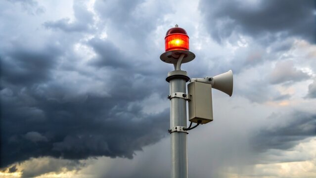 Disaster concept, Emergency alarm tower under dark storm clouds signaling alertness and warning.