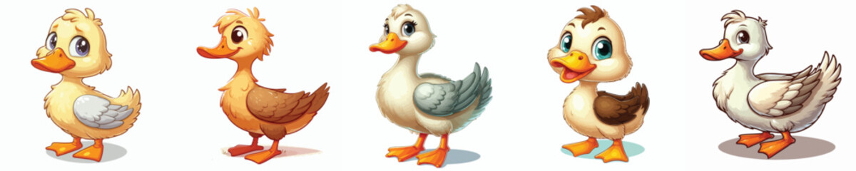 Cute collection of 
pictures of farm animals ducks 
in cartoon style on white background