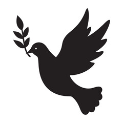 Dove with Olive Branch Silhouette Peace, Dove icon. Black silhouette of a dove in flight carrying an olive branch on a white background