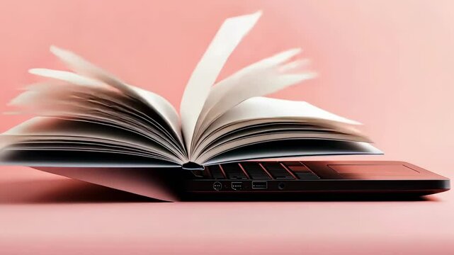 Open book placed on a laptop keyboard on a pink background simulates digital publishing and e learning, suggesting modern educational resources and online libraries