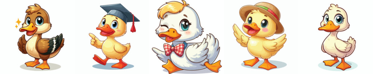 Cute collection of 
pictures of farm animals ducks 
in cartoon style on white background