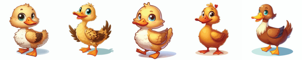 Cute collection of 
pictures of farm animals ducks 
in cartoon style on white background