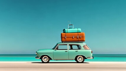Light blue vintage car with luggage on roof rack driving along tropical beach with turquoise water and clear blue sky, creating a summer holiday atmosphere