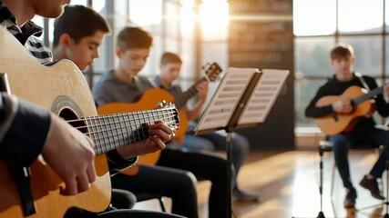 Students enthusiastically learn guitar in a lively music classroom setting.