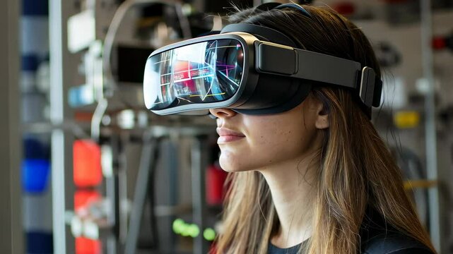 A woman wearing a VR headset, simulating quantum computing experiments, representing the forefront of women in STEM research.