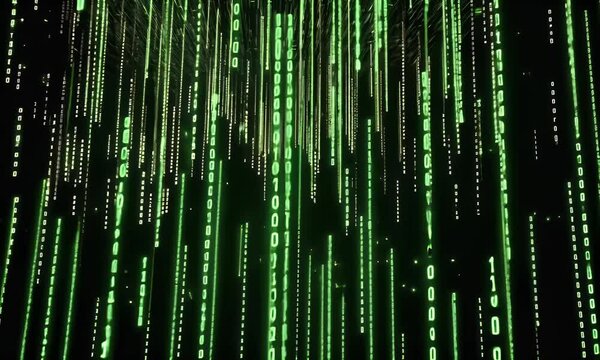 Green digital rain of binary code falling vertically on a black background, evoking themes of hacking, cyberpunk, and virtual reality in a Matrix-style world.