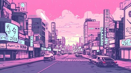 An anime or manga style illustration depicts a detailed Japanese city street scene bathed in a vibrant pink and purple twilight glow, featuring buildings, signs, and cars.
