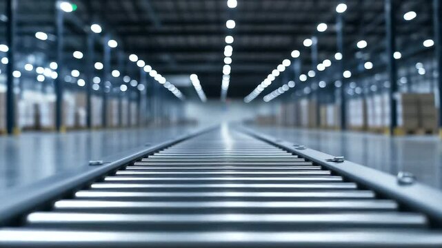 A clean, empty roller conveyor system in a modern logistics center. The organized layout and advanced automation highlight the efficiency of warehouse sorting technology.