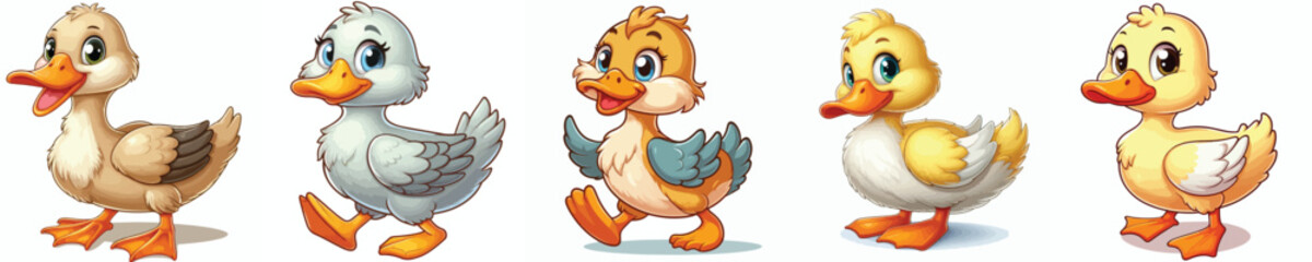 Cute collection of 
pictures of farm animals ducks 
in cartoon style on white background