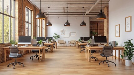 Open-plan office space with large windows