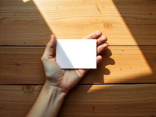 Obraz premium Hand holding small blank card against wooden background, ready for text or message. Generative AI
