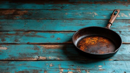An old, rusty cast iron pan rests on a beautifully textured turquoise wooden table, symbolizing history and the art of cooking with age-old materials.