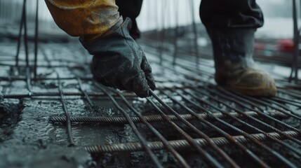 Construction laborer securing steel rods for reinforcement. Featuring strength and precision