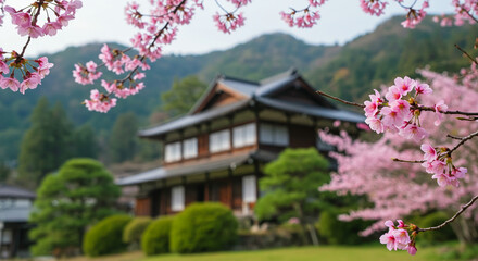Traditional Japanese House Surrounded By Blooming Cherry Blossoms During Hana Matsuri Festival, Peaceful Spring Landscape In Kyoto Japan Celebrating Buddha Flower Ceremony