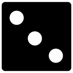 black and white dice graphic icon. Black game dice cube with three white dots. Traditional die with numbers of 3 dots