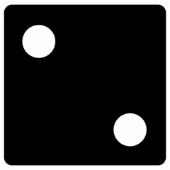 black and white dice graphic icon. Black game dice cube with two white dots. Traditional die with numbers of 2 dots