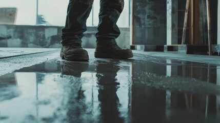Construction laborer smoothing concrete floor surface. Featuring attention to detail