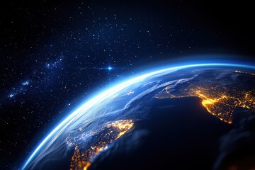 Fototapeta premium View of Earth from space showcasing its vibrant cities and dark starry background.