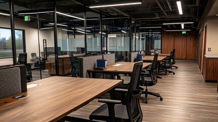 Fototapeta premium Modern office workspace with desks, dividers, and views of an industrial park. Possible use showcasing a new, open-concept office space