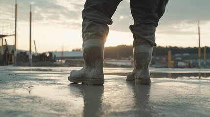 Construction laborer smoothing concrete on the ground. Featuring skill and precision