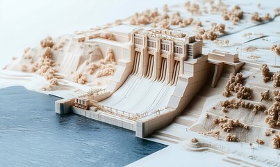 This intricate model represents a hydroelectric dam, highlighting its engineering features and the natural setting around it 