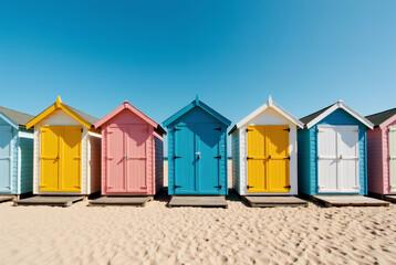 A row of colorful beach huts on a sunny day with a clear blue sky.