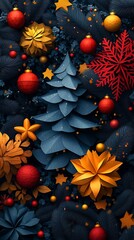 Festive Floral and Ornament Arrangement with Blue Christmas Tree on Dark Background  Joyful Holiday Scene

