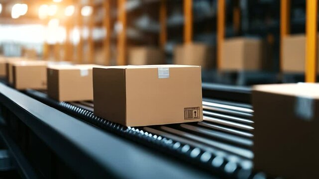 Automated sorting machine processes cardboard boxes on a moving conveyor belt in a modern warehouse.