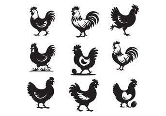 Set of rooster and hen silhouettes in various poses