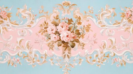 Obraz premium Elegant Roses Bouquet with Ornamental Scrollwork and Pastel Background Design