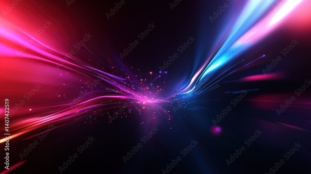 Wall mural abstract digital speed blur in vibrant colors, with particles, on a dark background. possible use te