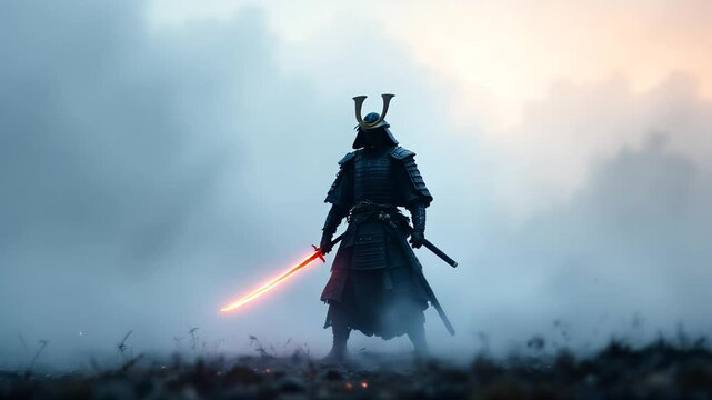 Ancient samurai warrior standing in misty battlefield, glowing katana, cinematic epic moment, dramatic silhouette power

