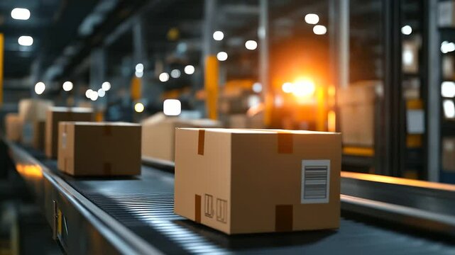 Close-up of an automated package sorter scanning and directing boxes on a conveyor belt.