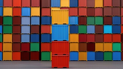 Fototapeta premium Trade conflict, import tax and shipment concept. A colorful arrangement of stacked shipping containers against a vibrant wall of similarly hued containers.