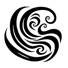 Abstract Black Wave Design, Elegant Curly Swirls on White Background