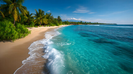 Fototapeta premium Idyllic tropical beach with turquoise water, palm trees, and white sand . Generative AI