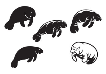 Set of manatee illustrations in various poses