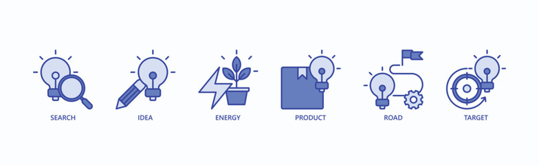 Path To Innovation Icon Set Isolated Vector Illustration Concept With Icon Of Search, Idea, Energy, Product, Road, Target In Blue Style