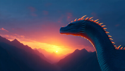 Majestic blue dragon silhouetted against a vibrant sunset over a mountain range . Generative AI