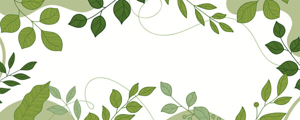 Obraz premium Green Botanical Frame with Tropical Leaves on Beige Background. Natural and organic lush greenery. Perfect for invitations, eco branding, and cards, print, banners