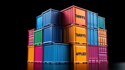 Fototapeta premium Trade conflict, import tax and shipment concept. A stack of colorful shipping containers displaying the words 