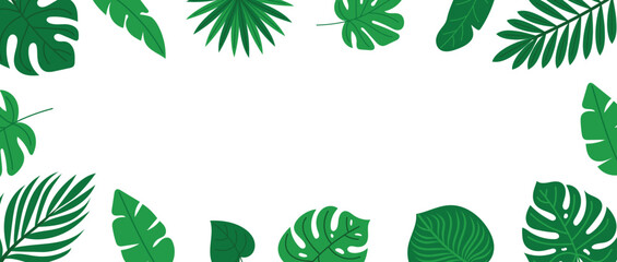 Tropical leaves frame. Green exotic foliage border on white background. Flat vector illustration for summer banner, invitation, greeting card, wedding or jungle party design.