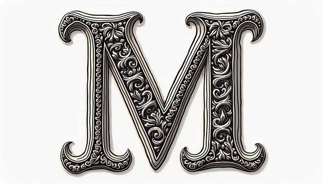 Elegant Monogram: A beautifully crafted, ornate letter "M," rendered in intricate detail with a classic and timeless design. The elegant monogram suggests sophistication and heraldry.