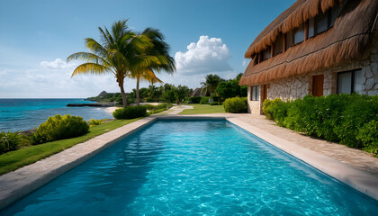 Oceanfront villa with private pool and lush landscaping . Generative AI