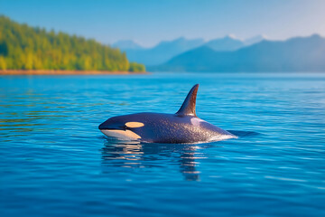 Fototapeta premium Orca whale swimming in calm ocean waters near a lush green coastline under a clear blue sky . Generative AI