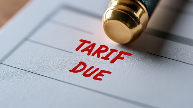 Trade conflict, import tax and shipment concept. A close-up image of a document with the words "TARIF DUE" highlighted in red, accompanied by a pen, indicating a payment reminder.