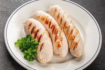 White sausage grill Bockwurst pork meat Bratwurst natural food vegetables dish organic product...