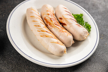 White sausage grill Bockwurst pork meat Bratwurst natural food vegetables dish organic product fresh tasty gourmet food background on the table rustic food top view copy space